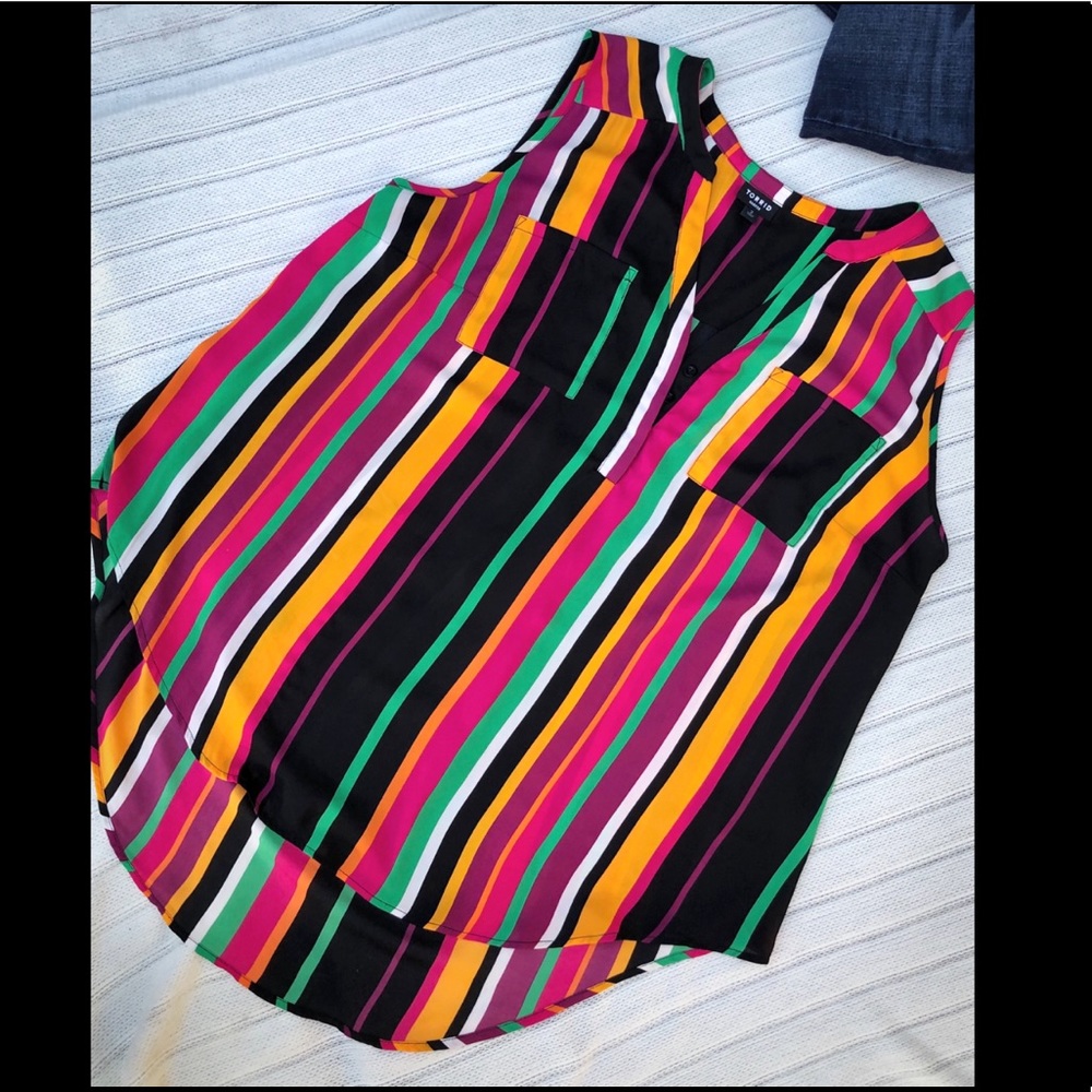 Vibrant multi color sleeveless high/low blouse